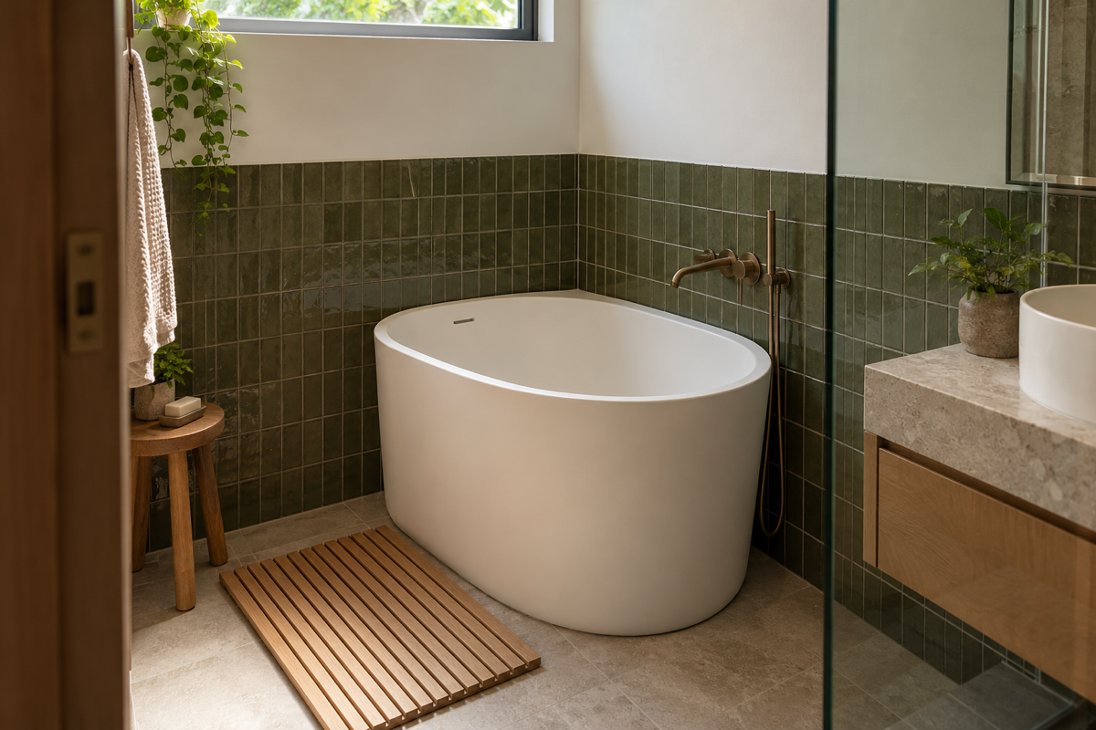 Compact deep soaking bathtub fitted into the corner of a small condominium bathroom