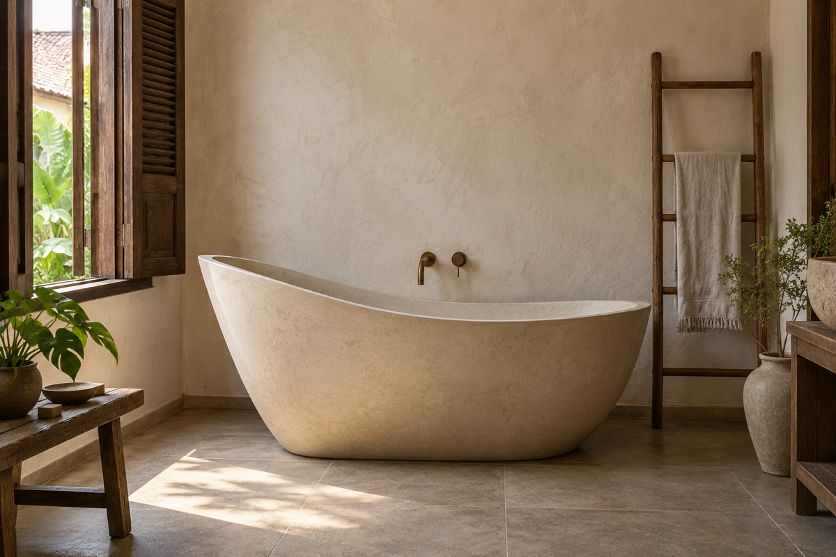 Freestanding slipper bathtub in a restored shophouse guesthouse bathroom with timber shutters