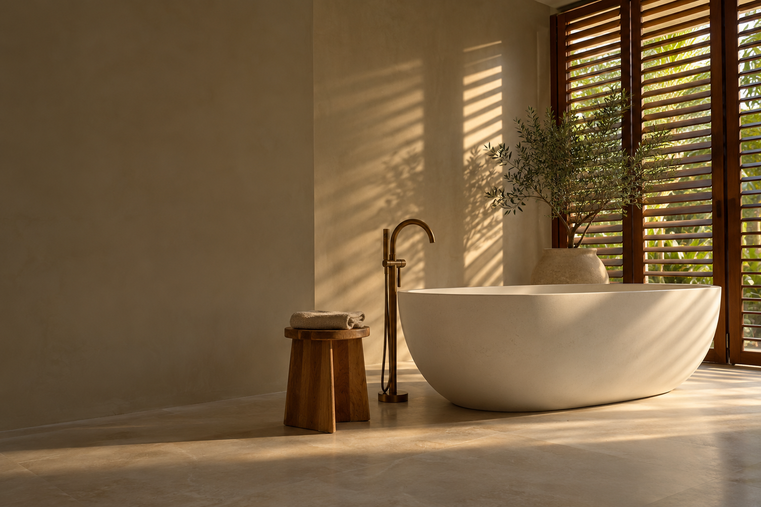 Oval freestanding stone bathtub in a warm limestone bathroom with timber louvres